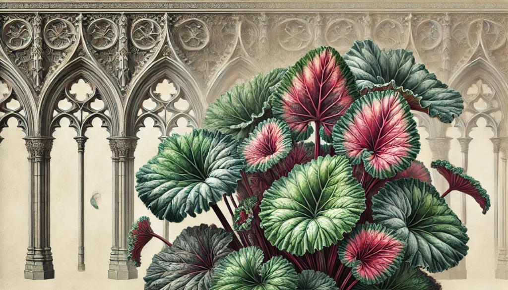 Rex Begonia plant with large, colorful leaves featuring intricate patterns in green, pink, and silver, set against an intricate gothic architectural backdrop.