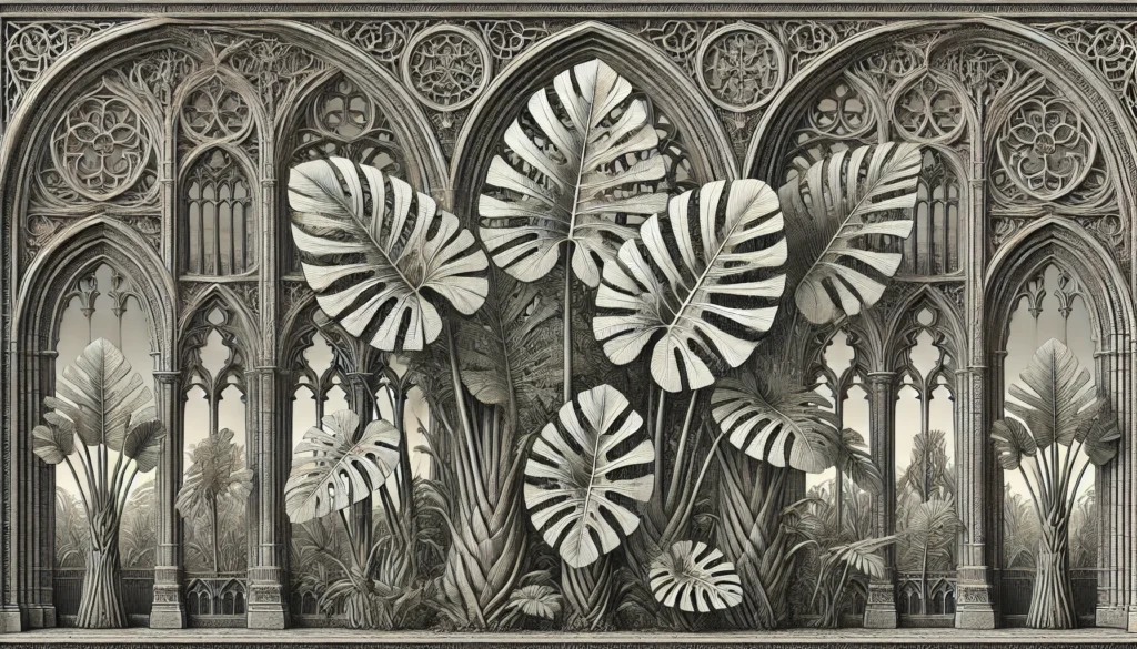 Illustration of Mexican Breadfruit (Monstera deliciosa) plants in a gothic architectural style.