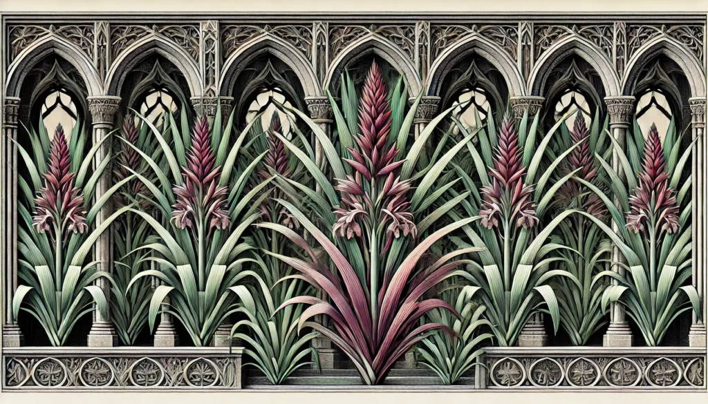 Illustration of Palm Lily plants in a gothic architectural style with green and reddish-purple leaves.