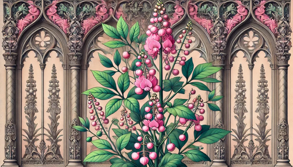 Pink Pearl plant with green leaves and clusters of pink flowers resembling pearls in front of intricate gothic architecture.