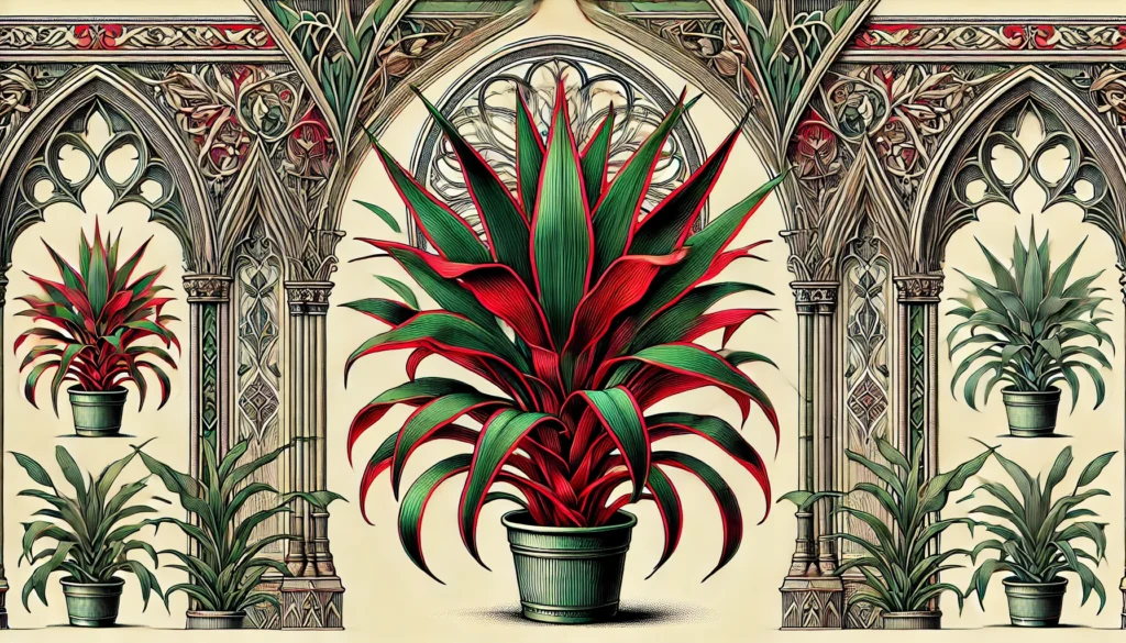 Red-Marginated Dracaena plant with green leaves and red margins in front of intricate gothic architecture.