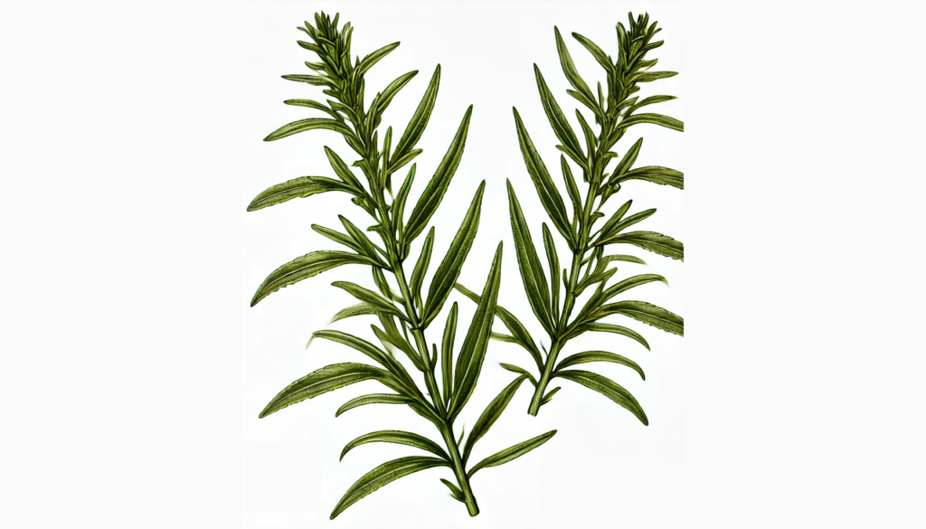 Tarragon plant (Artemisia dracunculus) with slender, elongated green leaves in a gothic architectural setting.