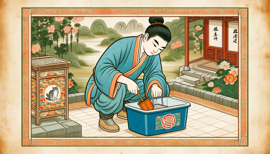 Ming Dynasty-style cartoon image showing how to open a Tidy Cats litter bucket.
