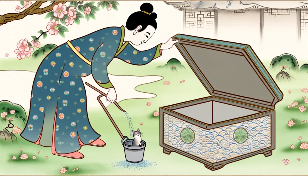Ming Dynasty-style cartoon image showing how to open a Tidy Cats litter bucket.