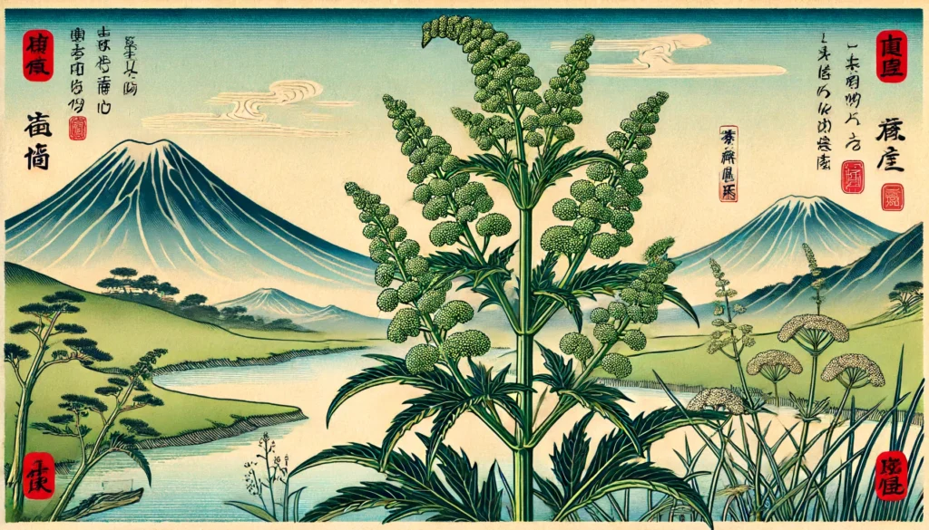 Illustration of an Ambrosia Mexicana plant in Ukiyo-e style