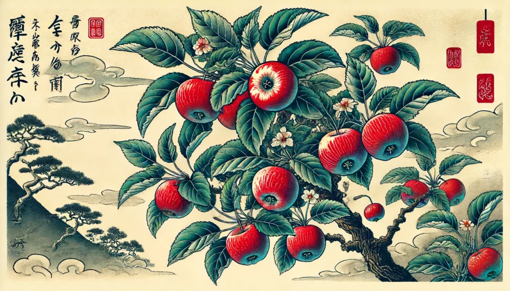 Ukiyo-e style illustration of an apple plant with vibrant red apples and green leaves