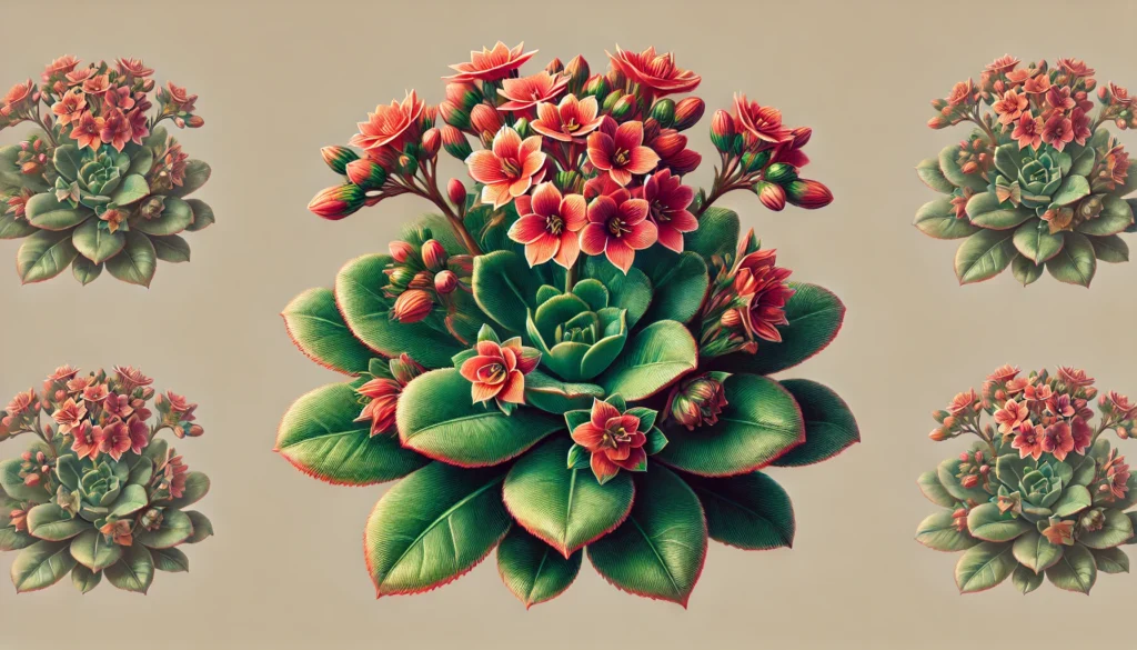 Illustration of the Kalanchoe plant with clusters of small vibrant flowers and thick fleshy green leaves.