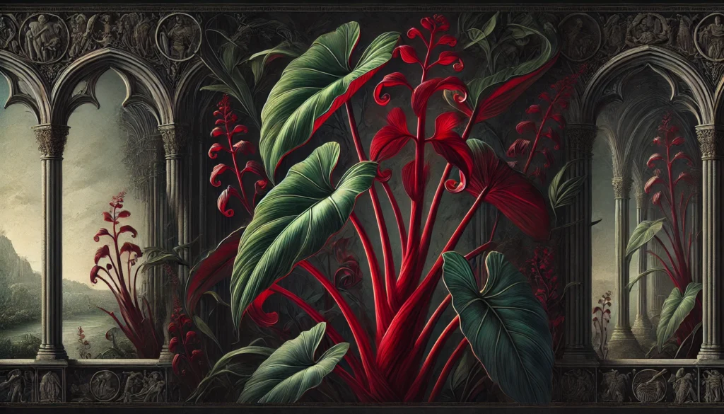 Gothic-style artistic depiction of a Red Princess (Philodendron 'Red Princess') plant with intricate detailing.