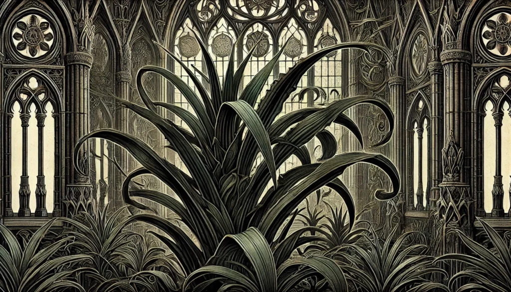 Gothic-style illustration of a Ribbon Plant (Dracaena spp.) with medieval cathedral elements.