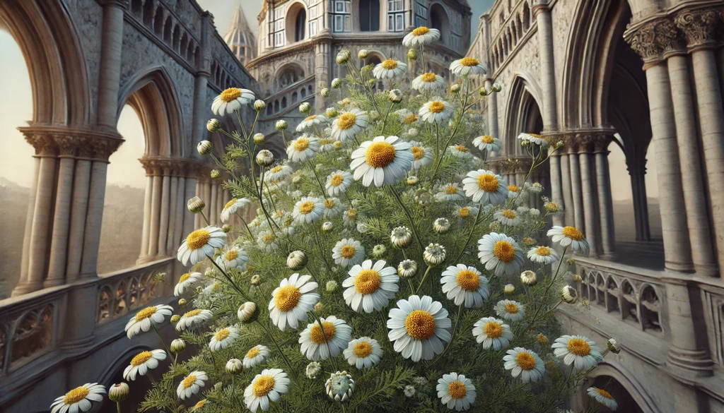 Roman Chamomile plant with dense white daisy-like flowers and yellow centers, set against a Gothic cathedral architecture backdrop.