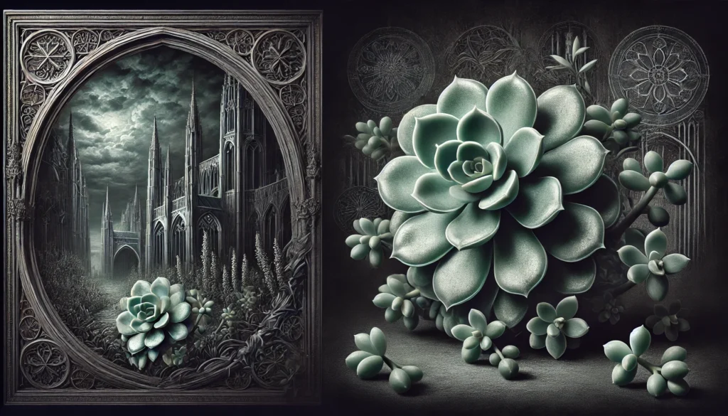 Gothic-style artistic depiction of a Silver Jade plant (Crassula arborescens) with intricate detailing.