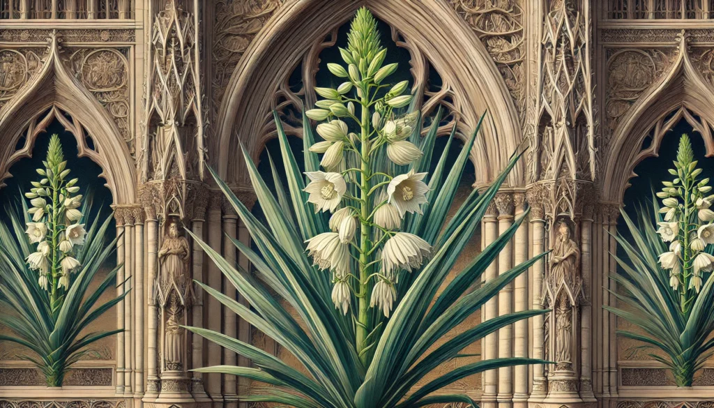 Illustration of Yucca (Yucca spp.) with long, sword-shaped leaves and tall flower spikes with white bell-shaped flowers in a gothic architectural setting