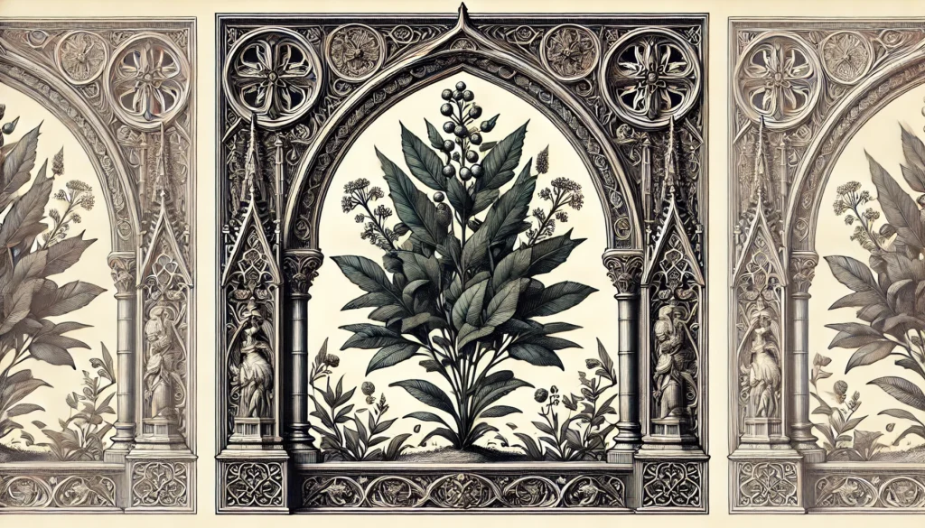 An intricate botanical illustration of the Laurel Plant, framed by Gothic arches. The plant features broad, glossy leaves and small, fragrant flowers, rendered in a vintage style with ornate patterns and decorative elements.