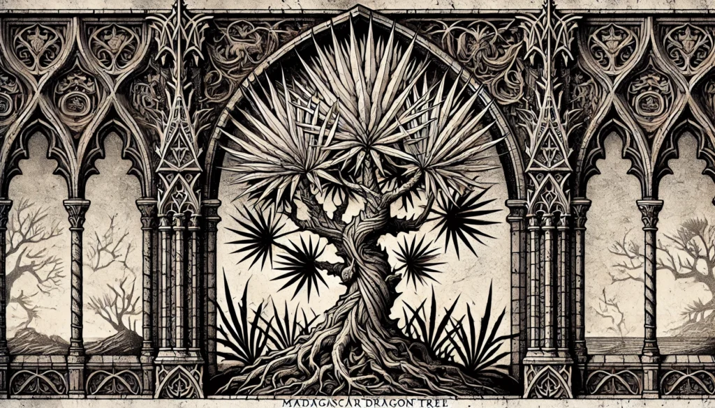 Gothic-style illustration of a Madagascar Dragon Tree with intricate, ornate features.