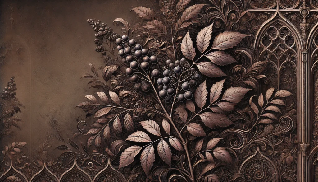 Gothic-style artistic depiction of a Nandina plant (Nandina domestica) with intricate detailing.