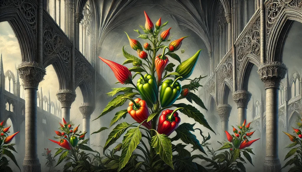 Gothic-style artistic depiction of an Ornamental Pepper plant (Capsicum annuum) with intricate detailing.