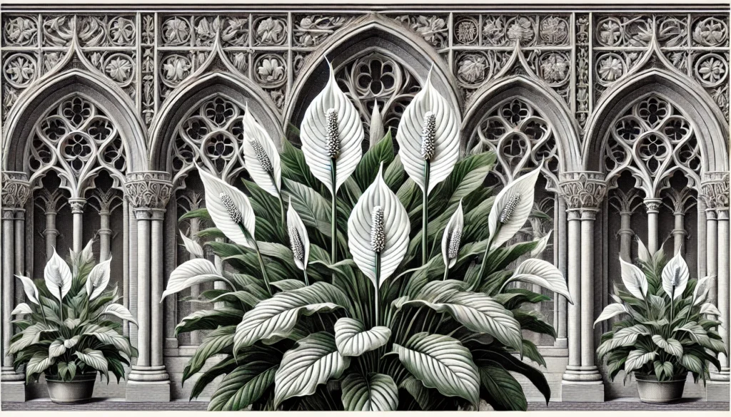 Illustration of Peace Lily plants in a gothic architectural style with large green leaves and white spathes.