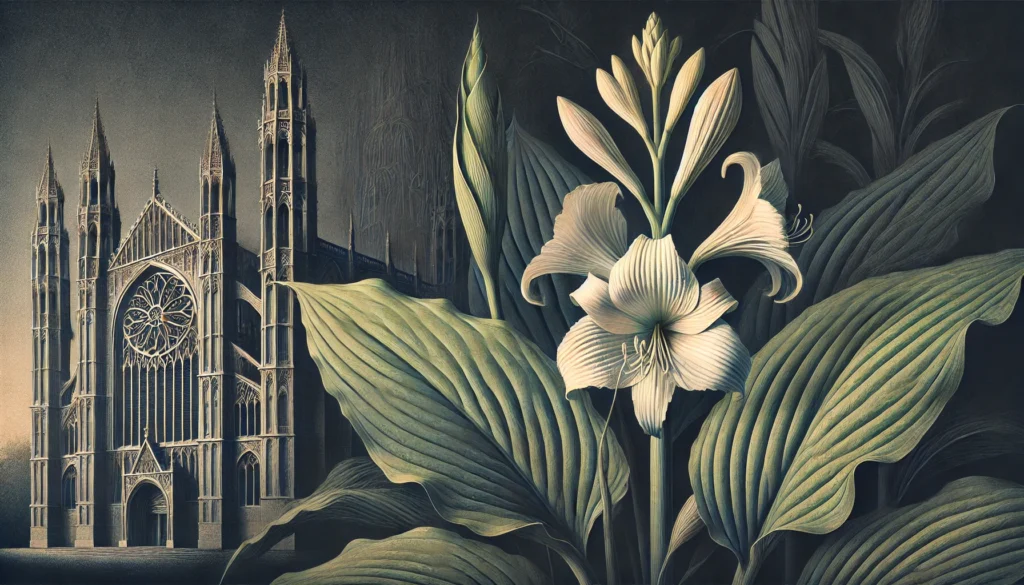 Gothic-style artistic depiction of a Plantain Lily (Hosta) with intricate detailing.