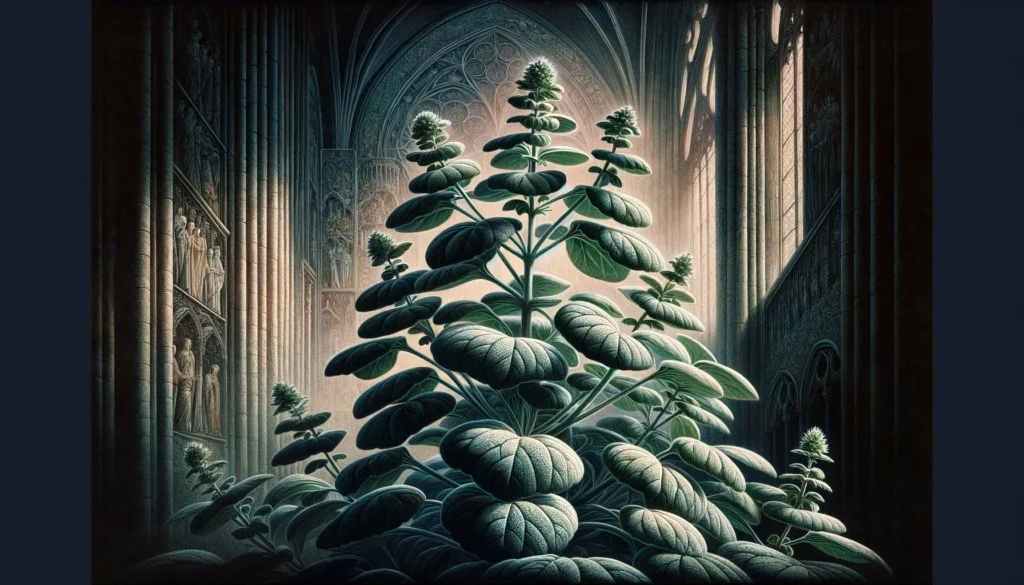 Gothic-style artistic depiction of a Spanish Thyme plant (Plectranthus amboinicus) with intricate detailing.