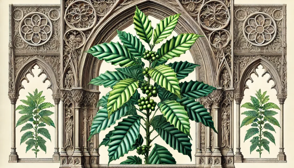 Illustration of Wild Coffee (Polyscias guilfoylei) with serrated green leaves with creamy margins in a gothic architectural setting