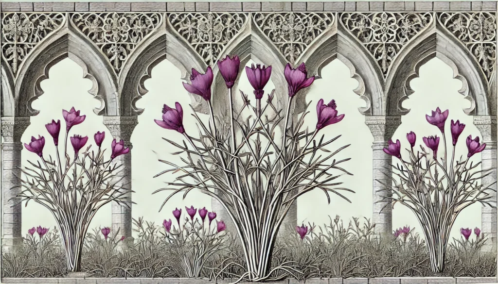 Illustration of Meadow Saffron plants in a gothic architectural style.