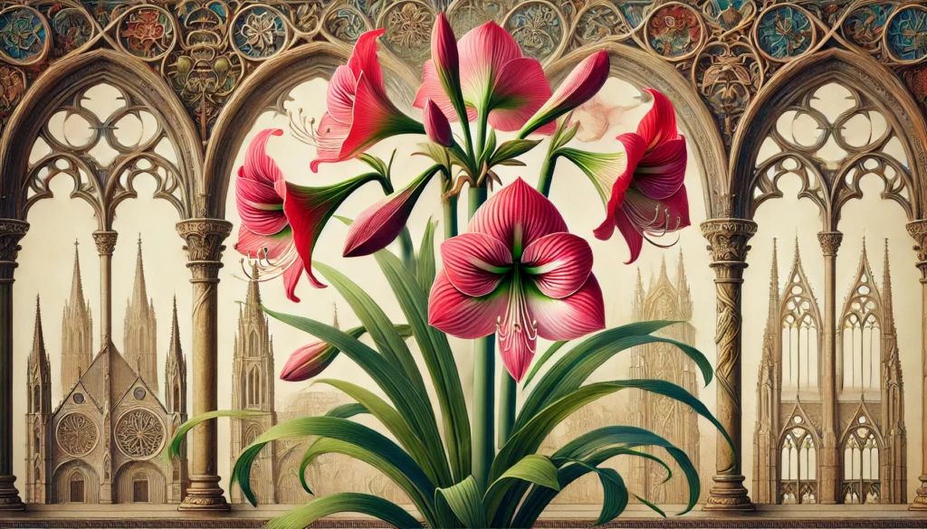 Ridderstjerne plant (Amaryllis belladonna) with pink and red trumpet-shaped flowers and long green leaves, set against a background of intricate Gothic arches and cathedral architecture