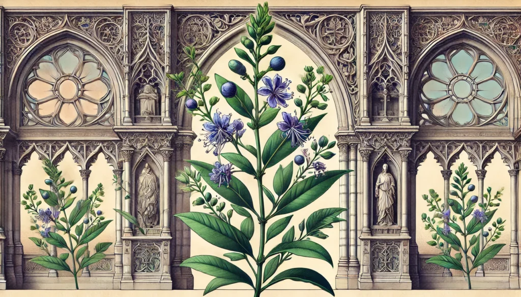 Detailed illustration of a Running Myrtle plant with Gothic architectural background.