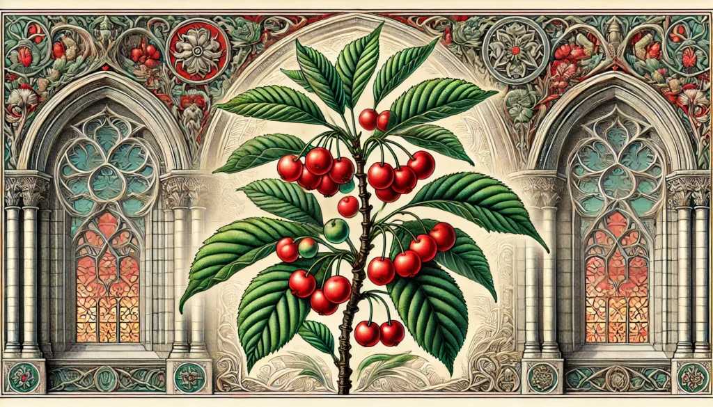 Detailed illustration of a Sweet Cherry (Prunus avium) plant with green leaves and red cherries.