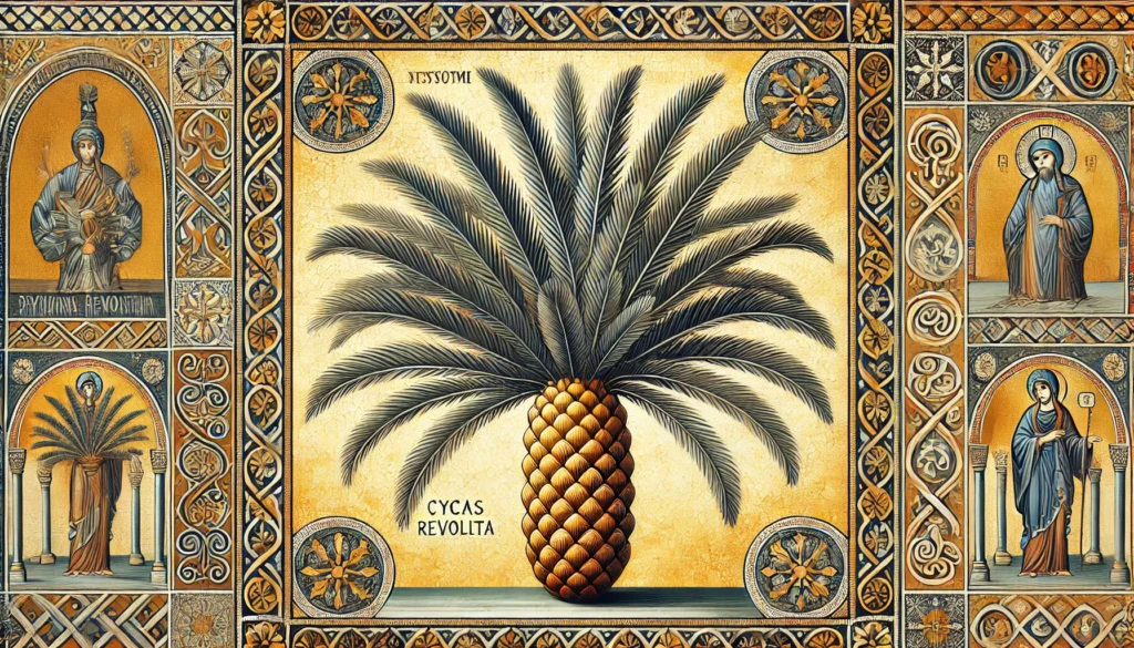 Byzantine art style illustration of a Cycas revoluta plant with feathery, arching fronds and a central cone against an intricate mosaic background.