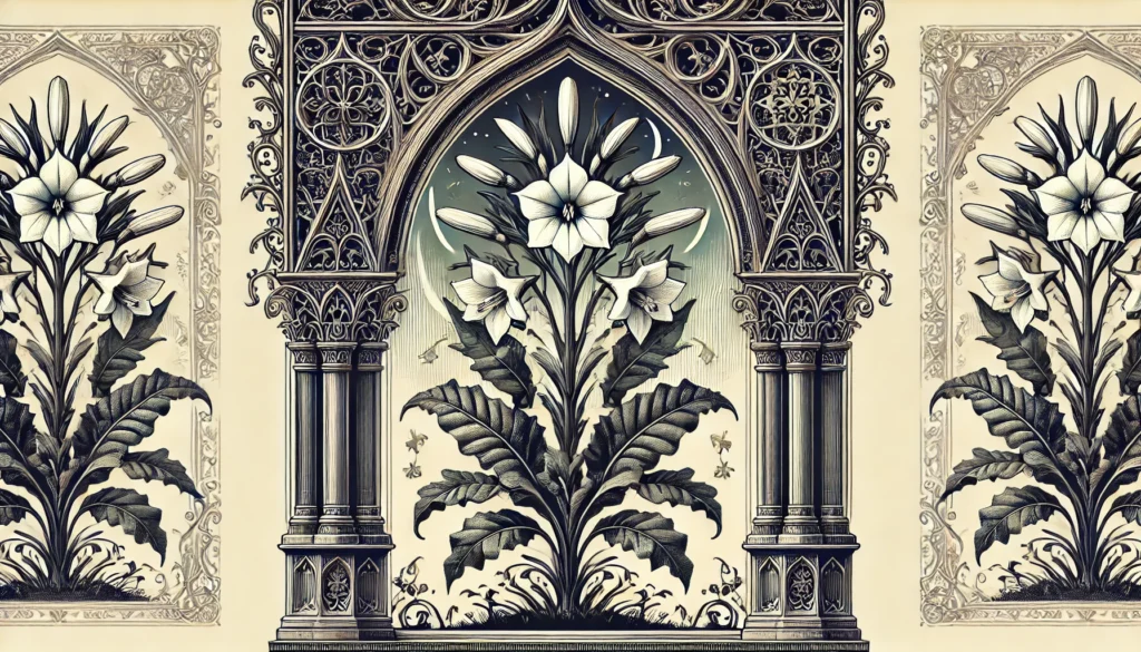 An intricate botanical illustration of the Lady-of-the-Night Plant, framed by Gothic arches. The plant features detailed leaves and white flowers, all rendered in a vintage style with ornate patterns and decorative elements