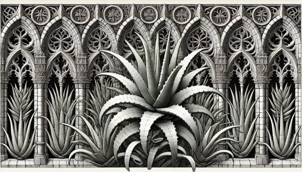 Illustration of Aloe Vera plants in a gothic architectural style.