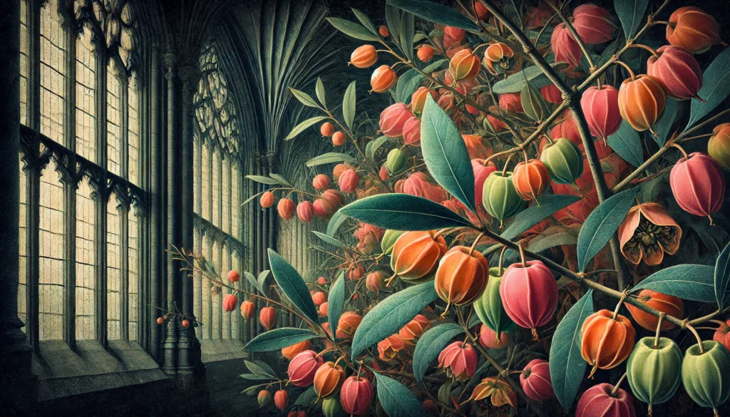 Gothic-style artistic depiction of a Spindle Tree (Euonymus europaeus) with intricate detailing.