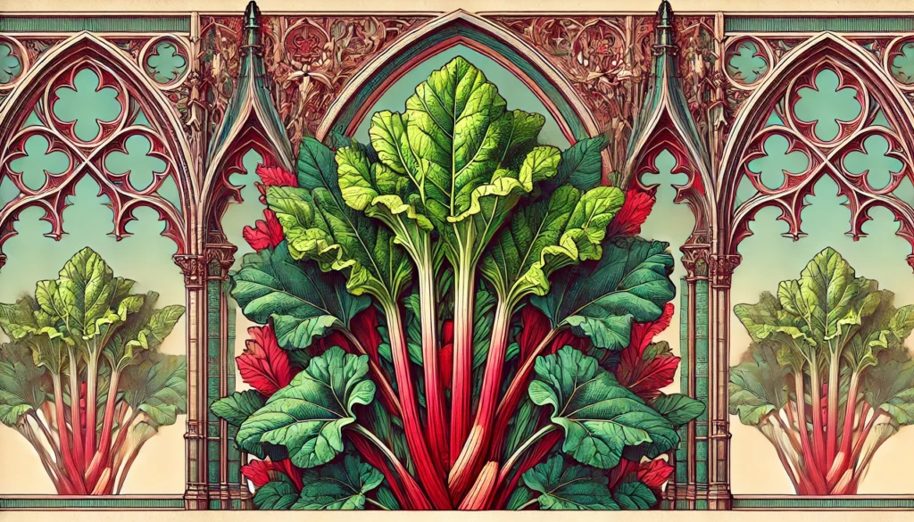 Rhubarb plant with large green leaves and red stalks in front of intricate gothic architecture.