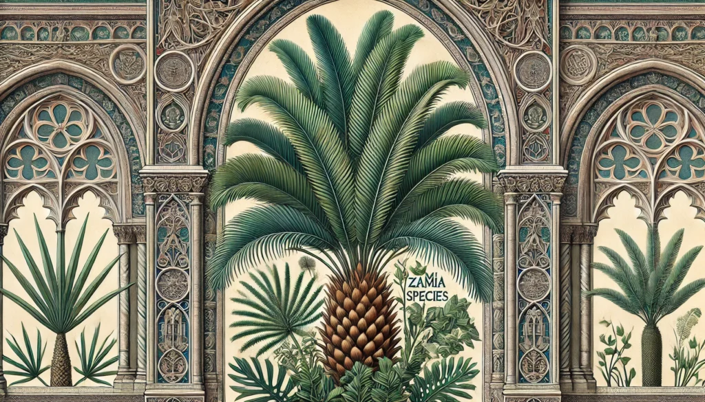 Detailed illustration of a Sago Palm (Cycas revoluta) and Zamia species plant with feather-like green fronds.