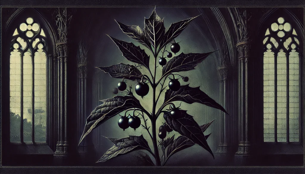 Gothic-style artistic depiction of a Nightshade plant (Solanum) with intricate detailing.