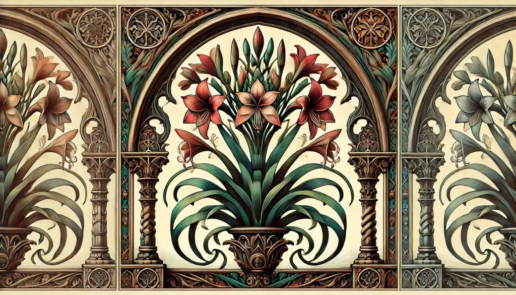 An intricate botanical illustration of the Kudu Lily Plant, framed by Gothic arches. The plant features detailed leaves and vibrant flowers, rendered in a vintage style with ornate patterns and decorative elements.