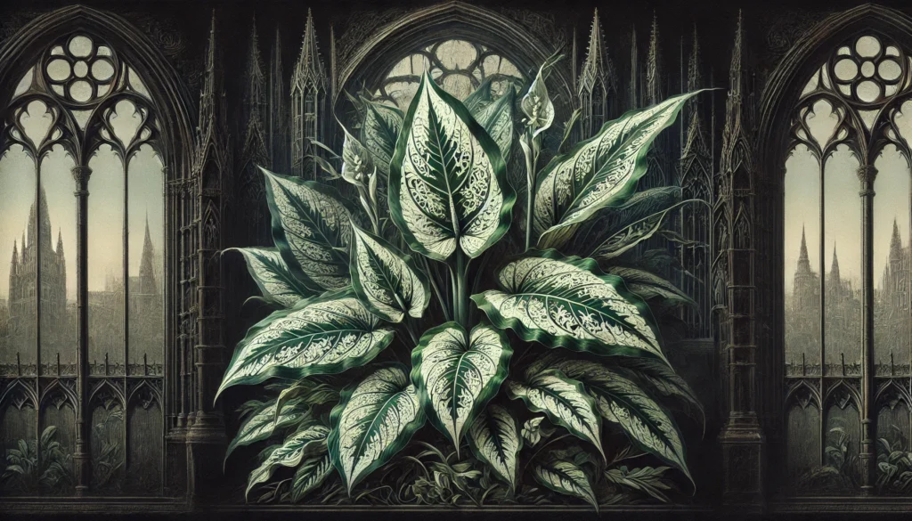 Gothic-style artistic depiction of a Tropic Snow plant (Aglaonema) with intricate detailing.