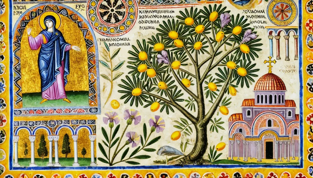 Byzantine-style illustration of a Chinaberry Tree with yellow berries and purple flowers