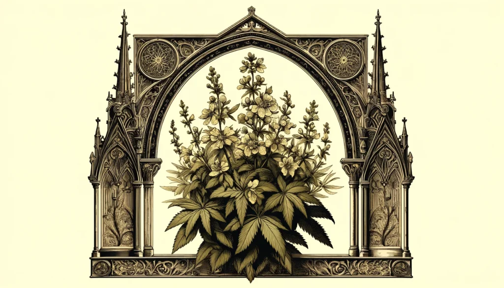 An intricate botanical illustration of the Klamath Weed Plant, framed by Gothic arches. The plant features detailed leaves and yellow flowers, rendered in a vintage style with ornate patterns and decorative elements.