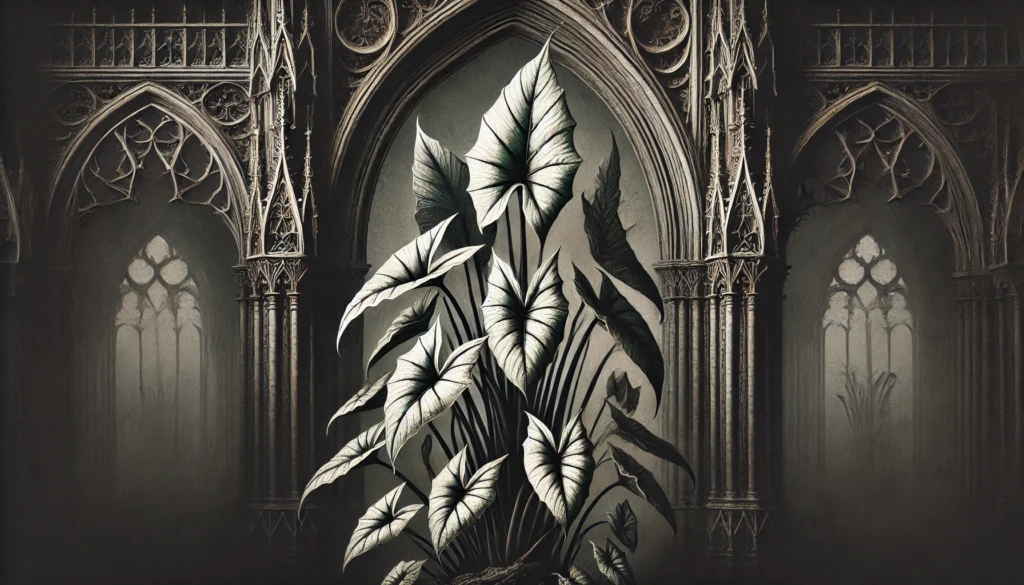 Gothic-style artistic depiction of a Nephthytis plant (Syngonium podophyllum) with intricate detailing.