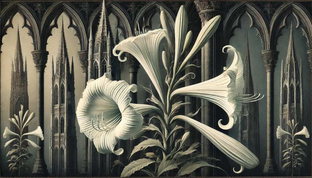 Gothic-style artistic depiction of a Trumpet Lily (Lilium longiflorum) with intricate detailing.