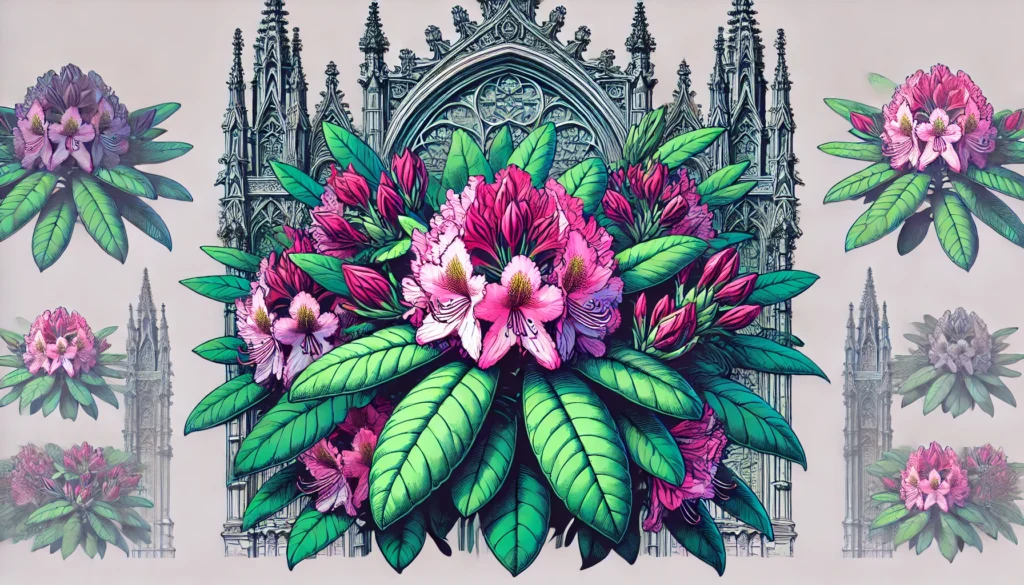 Rhododendron plant with large green leaves and clusters of pink flowers in front of intricate gothic architecture.