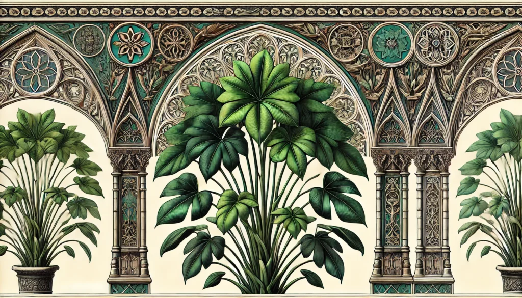 Detailed illustration of a Schefflera plant with glossy, green, umbrella-like leaves.