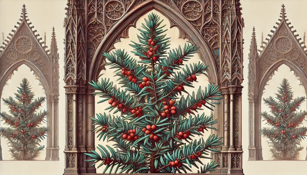 Illustration of Western Yew (Taxus brevifolia) with needle-like leaves and red berries in a gothic architectural setting.