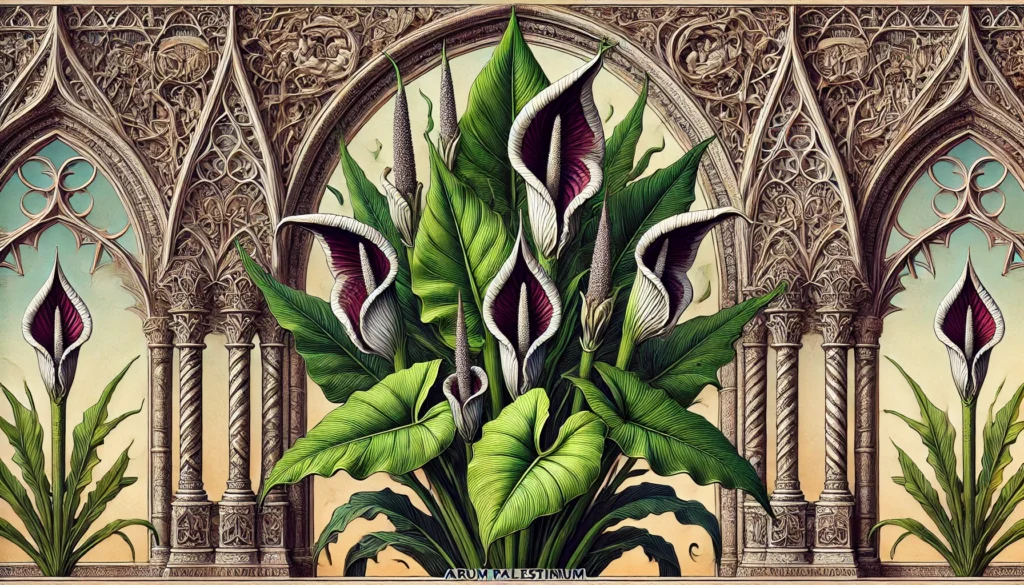 Illustration of Wild Arum (Arum palestinum) with large green leaves and dark purple spathe-like flowers in a gothic architectural setting.