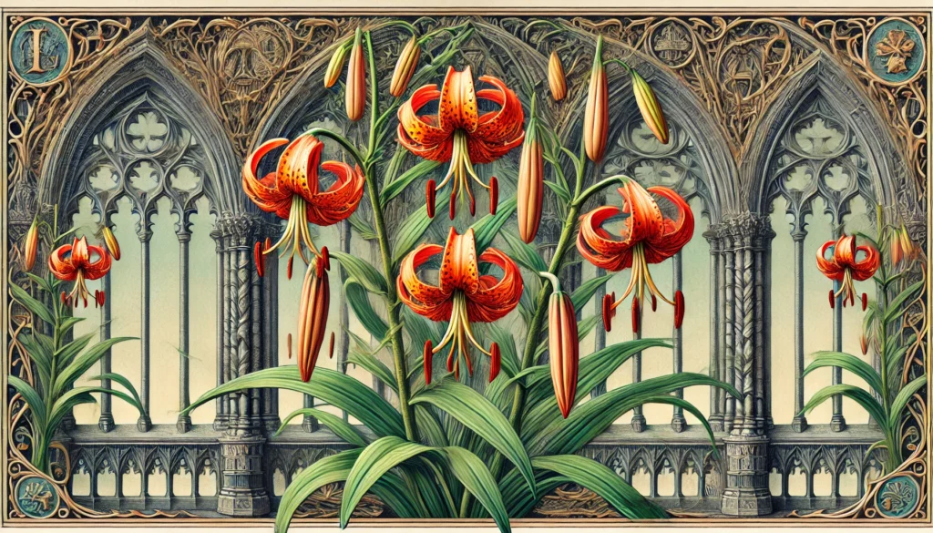 Illustration of Wood Lily (Lilium umbellatum) with bright orange-red flowers in a gothic architectural setting.