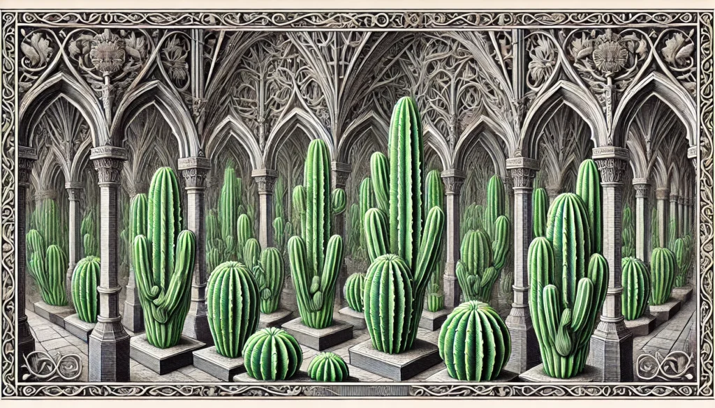 Pencil Cactus Plant in Gothic Architecture