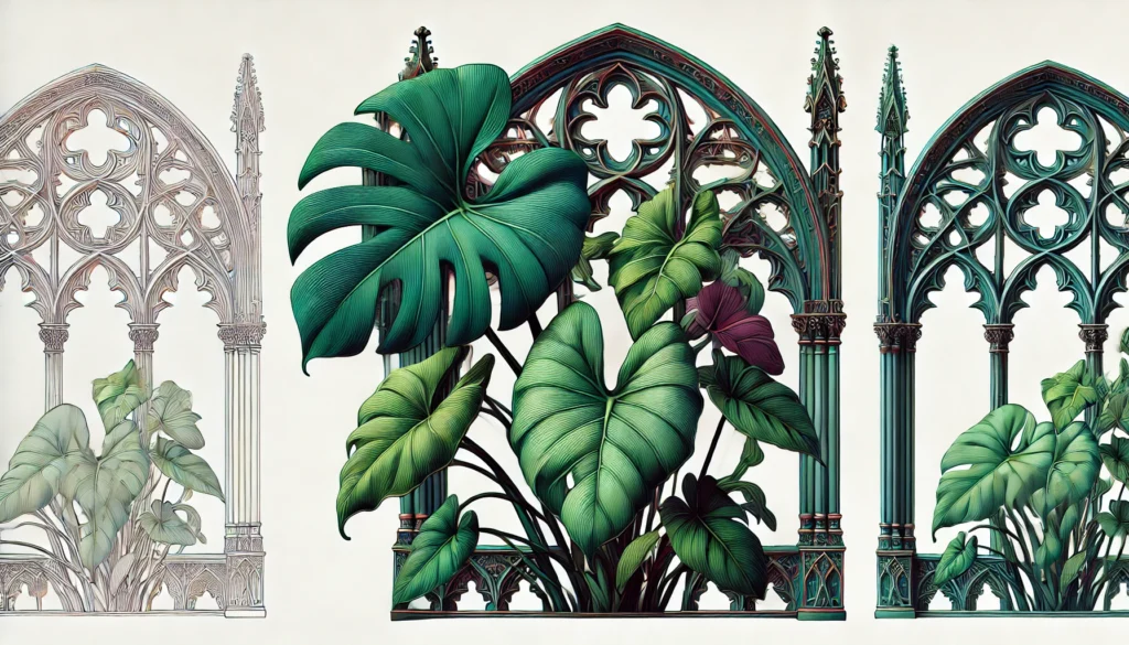 Philodendron Pertusum plant with large green split leaves in front of intricate gothic architecture.