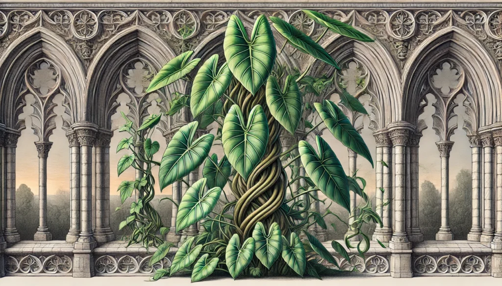 Taro Vine plant (Epipremnum aureum) with long, trailing vines and heart-shaped green leaves in a gothic architectural setting.