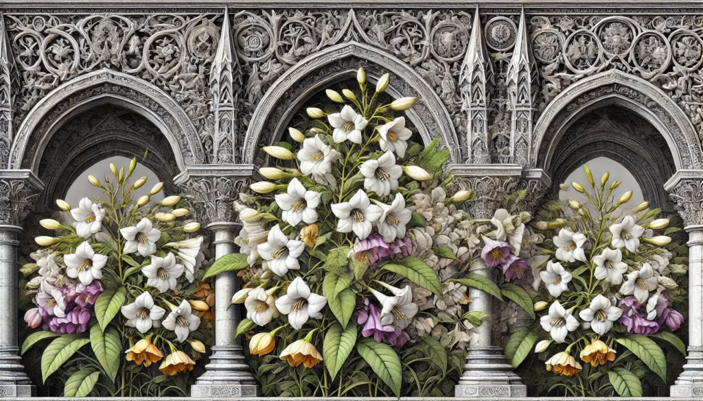 Illustration of Paraguayan Jasmine plants in a gothic architectural style with white, yellow, and purple flowers.